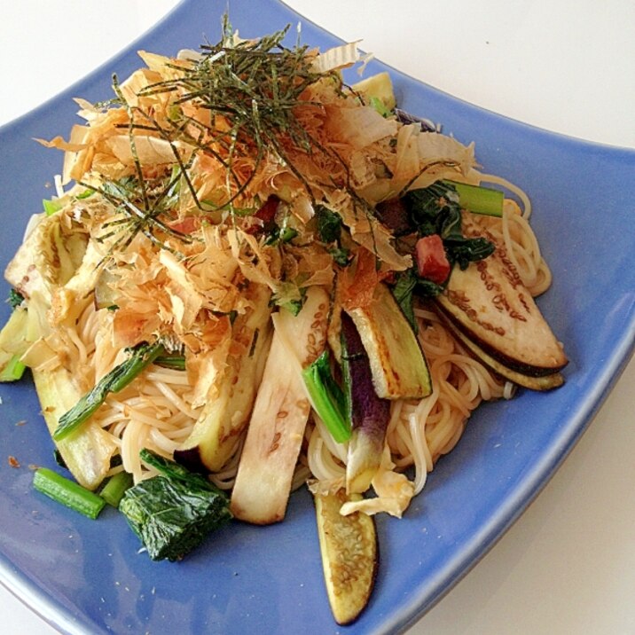 小松菜と茄子の素麺炒め